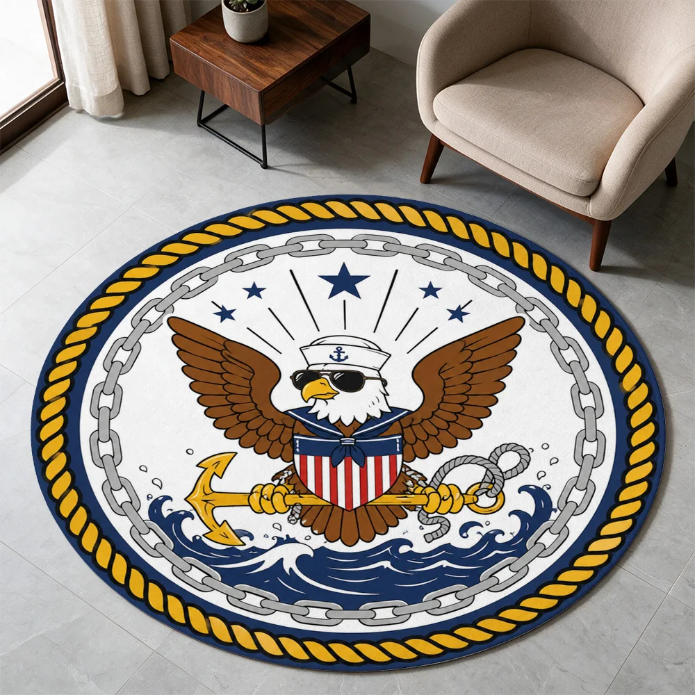 Nautical Eagle Mascot Round Doormat Mat Entrance Welcome Mat Coastal Ship Theme Bathroom Kitchen Rug
