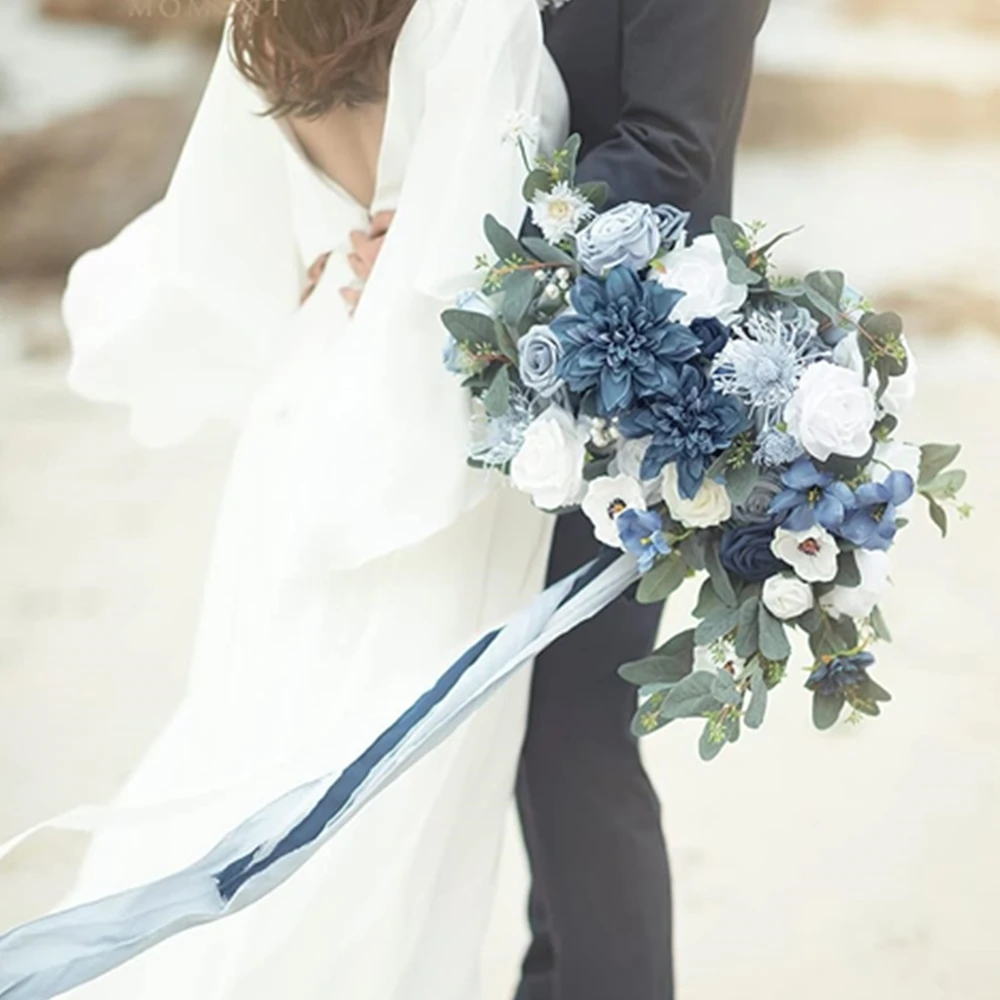 Blue and white rose artificial flower combination box, bridal bouquet, outdoor/indoor DIY decoration, holiday decoration flowers