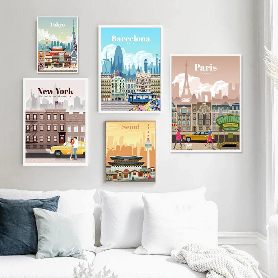 World Travel Cartoon Posters New York London Tokyo Paris Barcelona City Canvas Print Wall Art Decoration Picture Bar Cafe Decor