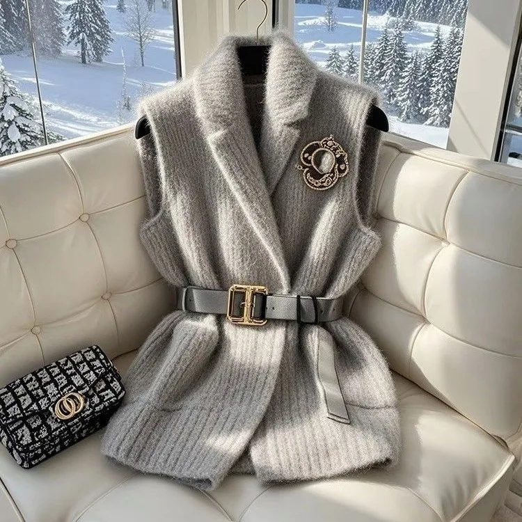 

2025 новый стиль, серый вязаный свитер для похудения, жилет, женский весенний модный европейский модный трикотаж большого размера с застежкой на талии