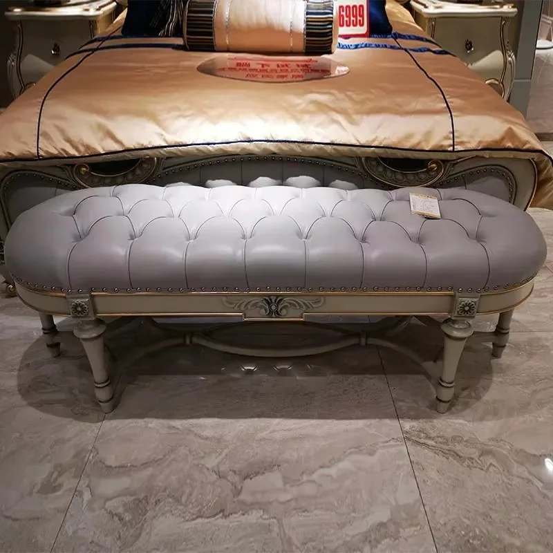 French solid wood carving flower leather bedside stool European light luxury simple first layer cowhide bed front stool sofa sto