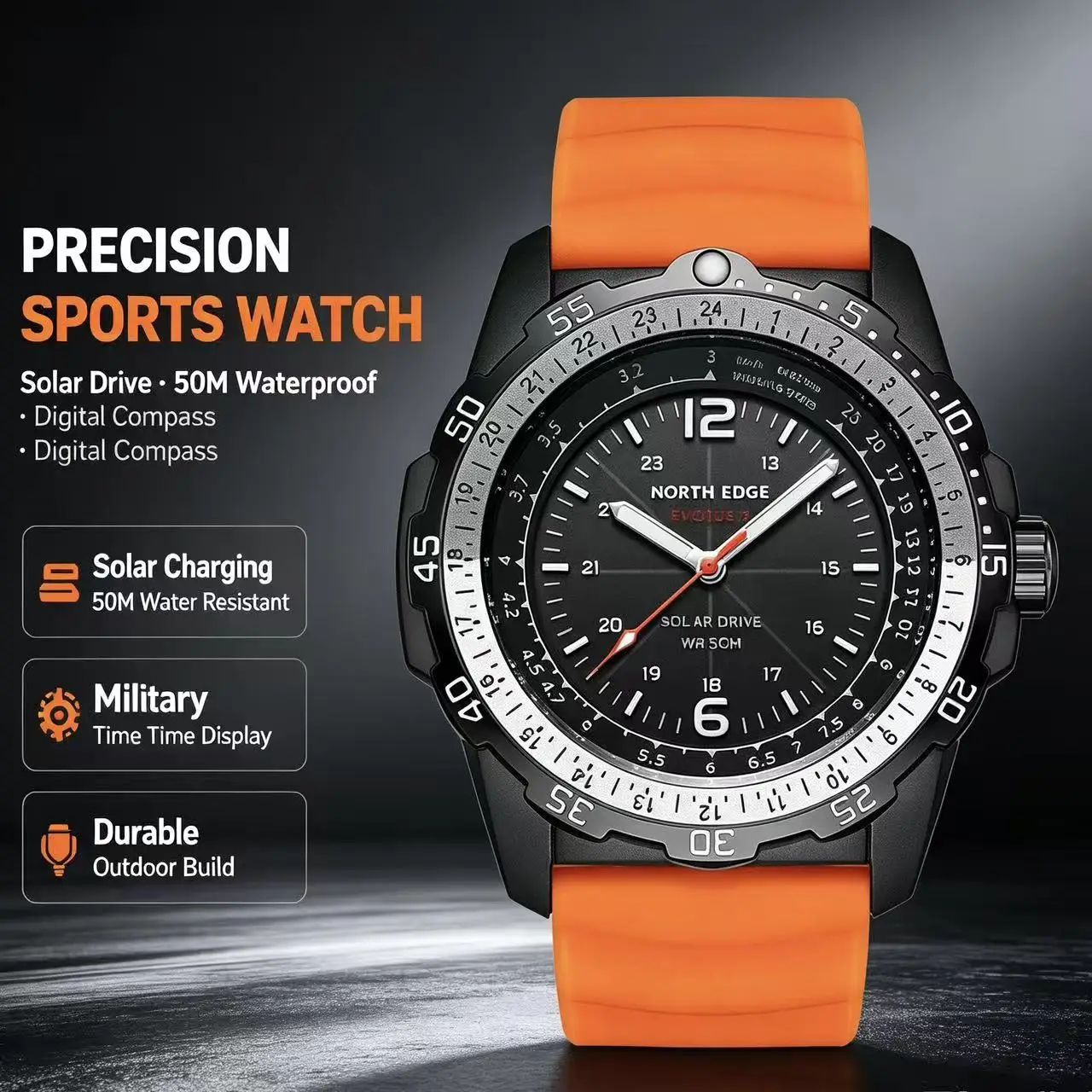 NORTH EDGE Men Solar Powered Watch 50M Waterproof Luminous Hands Silicone Strap Outdoor Sports Diving Wristwatch For Men