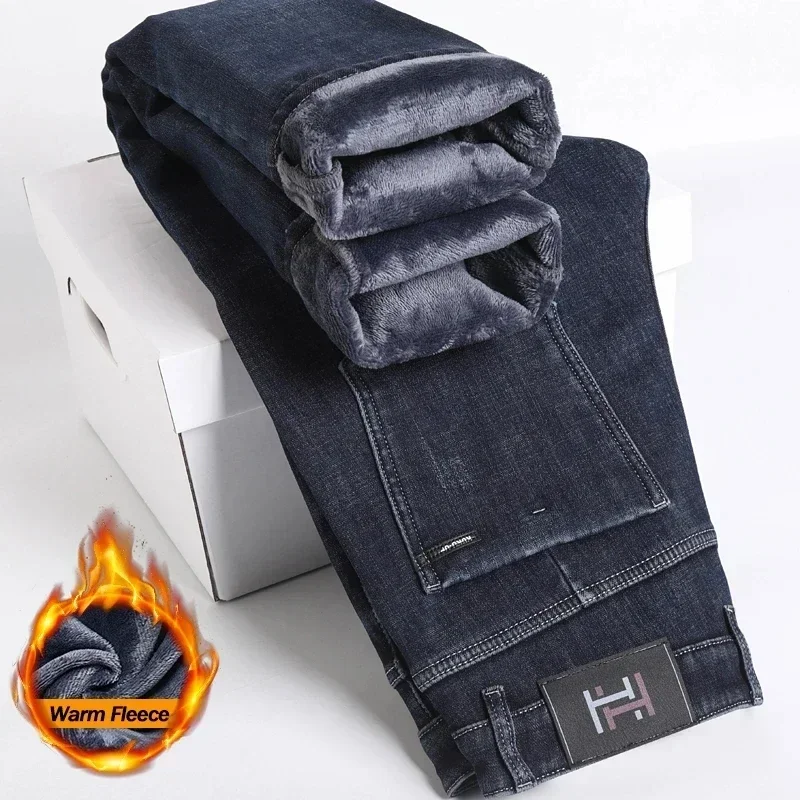 Winter fleece lined warm men's jeans slim straight korean velvet denim pants retro soft thick casual trousers daily outdoor wear  Factory Wholesale Affordable Denim Pants