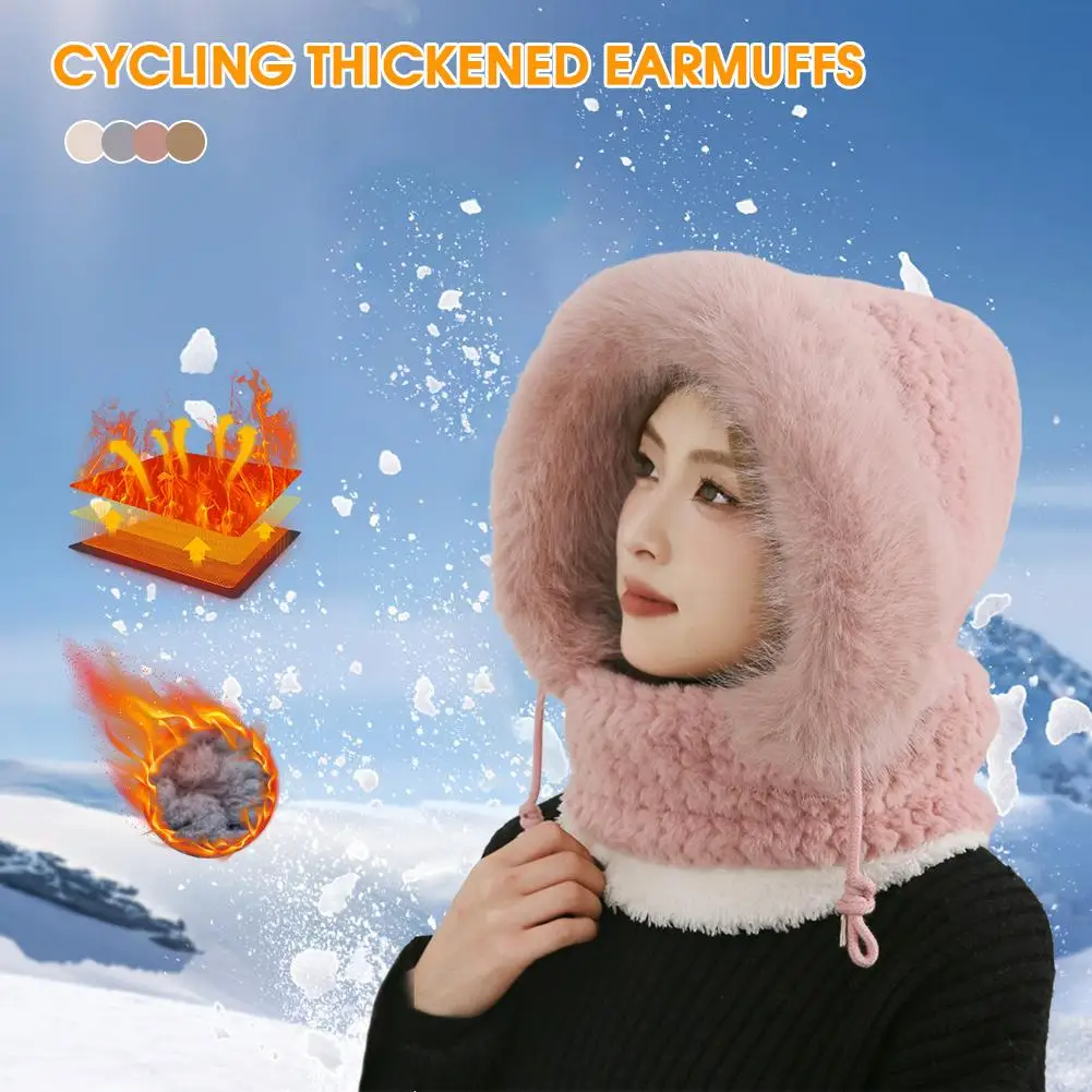 قبعة شتوية جديدة من القطيفة للنساء بغطاء رأس سميك دافئ مع قناع وشاح لحماية الأذن، قبعة حرارية مقاومة للرياح لركوب الدراجات في الهواء الطلق #6