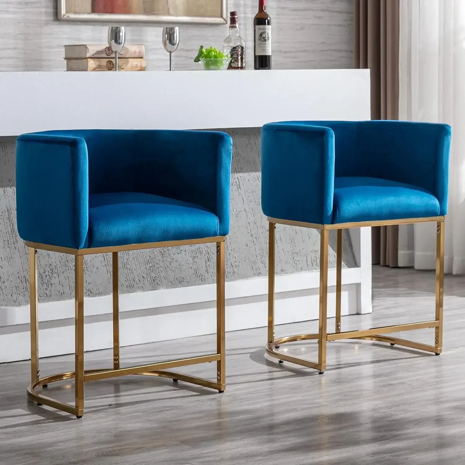 Contemporary Blue Velvet Bar Stools Set of 3,24" Upholstered Fabric Counter Kitchen Counter Island Stools with Golden Metal Base
