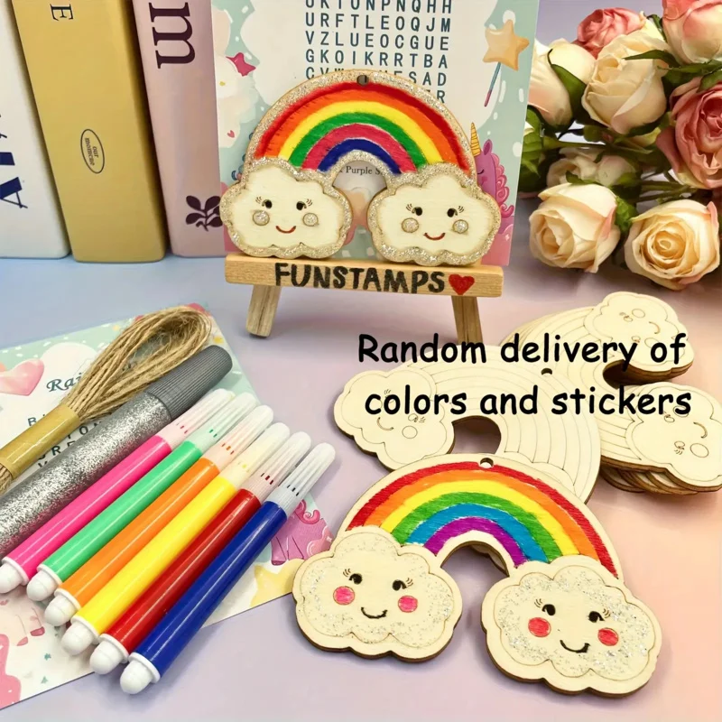 Exquisite DIY Handmade Wooden Rainbow Craft Kit 24pcs with 6Pens 1Rope 2Stickers for Spring Activity