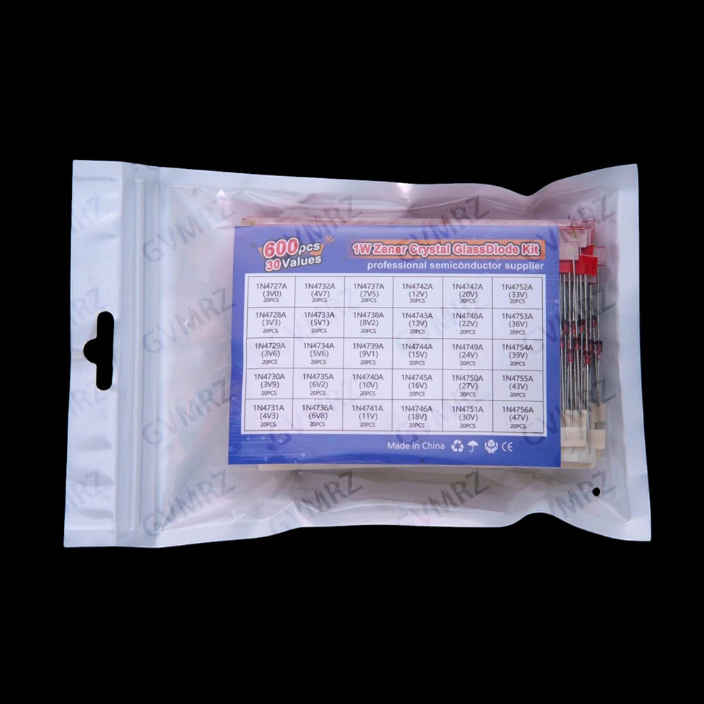 600PCS 1N47 series 30Values 1W Zener Diode Kit 3V-47V Box for Electronics Voltage Regulation Projects 1N4727A 3V Component