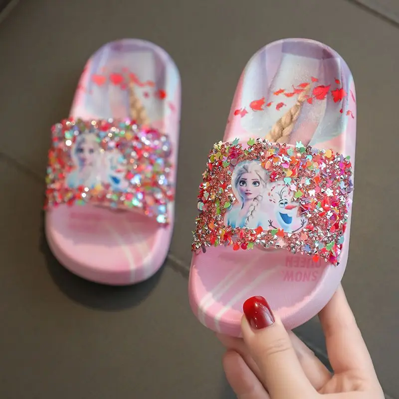 Disney elsa frozen Princess Children\'s Slippers Summer non-slip Girls Crystal Fashion indoor home soft soles sandals