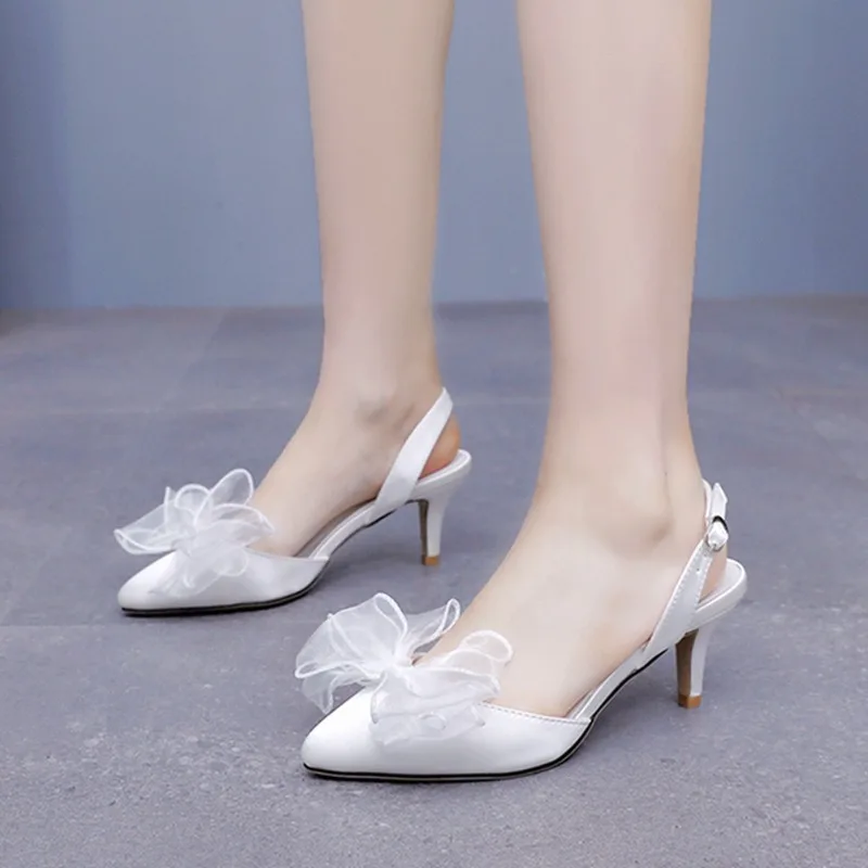 Wedding Dress Shoes Pointed Toe Butterfly Knot 6.5CM Thin Heel Sandals Satin Ivory White Shallow Mouth Back Strap Women's Shoes