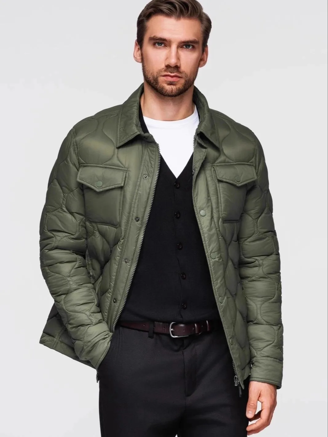 Warmth Meets Style: High-End Autumn Winter Men's Lightweight Thermal Shirt Style Gourd Stitching Cotton Jacket Coat