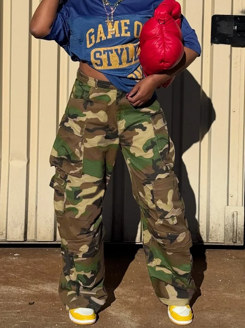الشارع الشهير السراويل البضائع المموه الخريف ملابس النساء عالية الخصر جيوب متعددة السراويل المستقيمة موضة كامو طباعة السراويل الفضفاضة