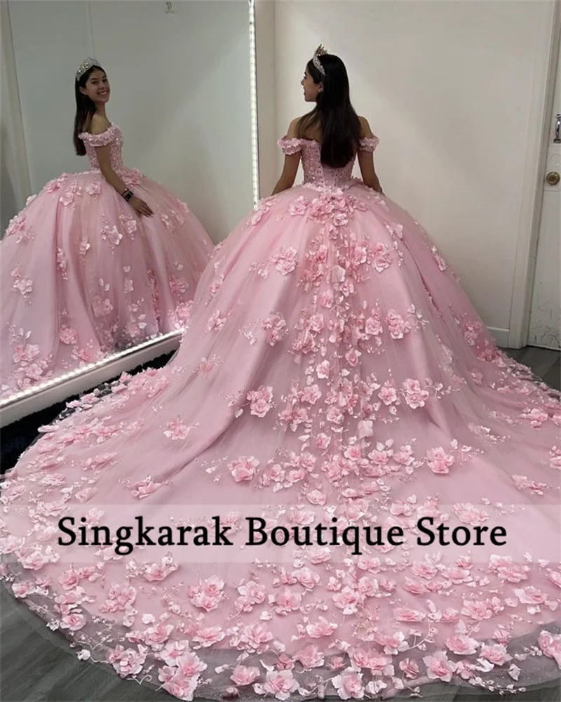 Neuankömmling rosa Blume Ballkleid Quince anera Kleider Perlen 3d Blumen Vestidos de 15 Años Korsett Kleid zum 16. Geburtstag