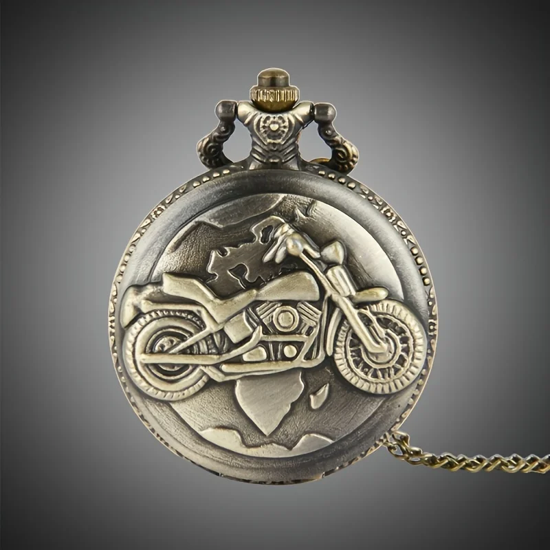 Bronze Vintage Motorcycle Pocket Watch 3D Embossed World Map Quartz With Chain Retro Biker Men Collectible Pendant Watch