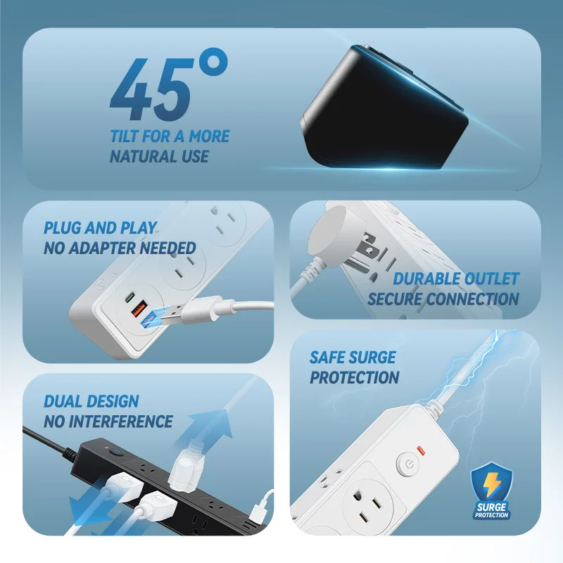 Melery US Power Strip Proteção contra sobrecarga Cabo de extensão de 1,5 M Canadá México Bar 6 Tomadas Plug com USB Tipo-c para Home Office