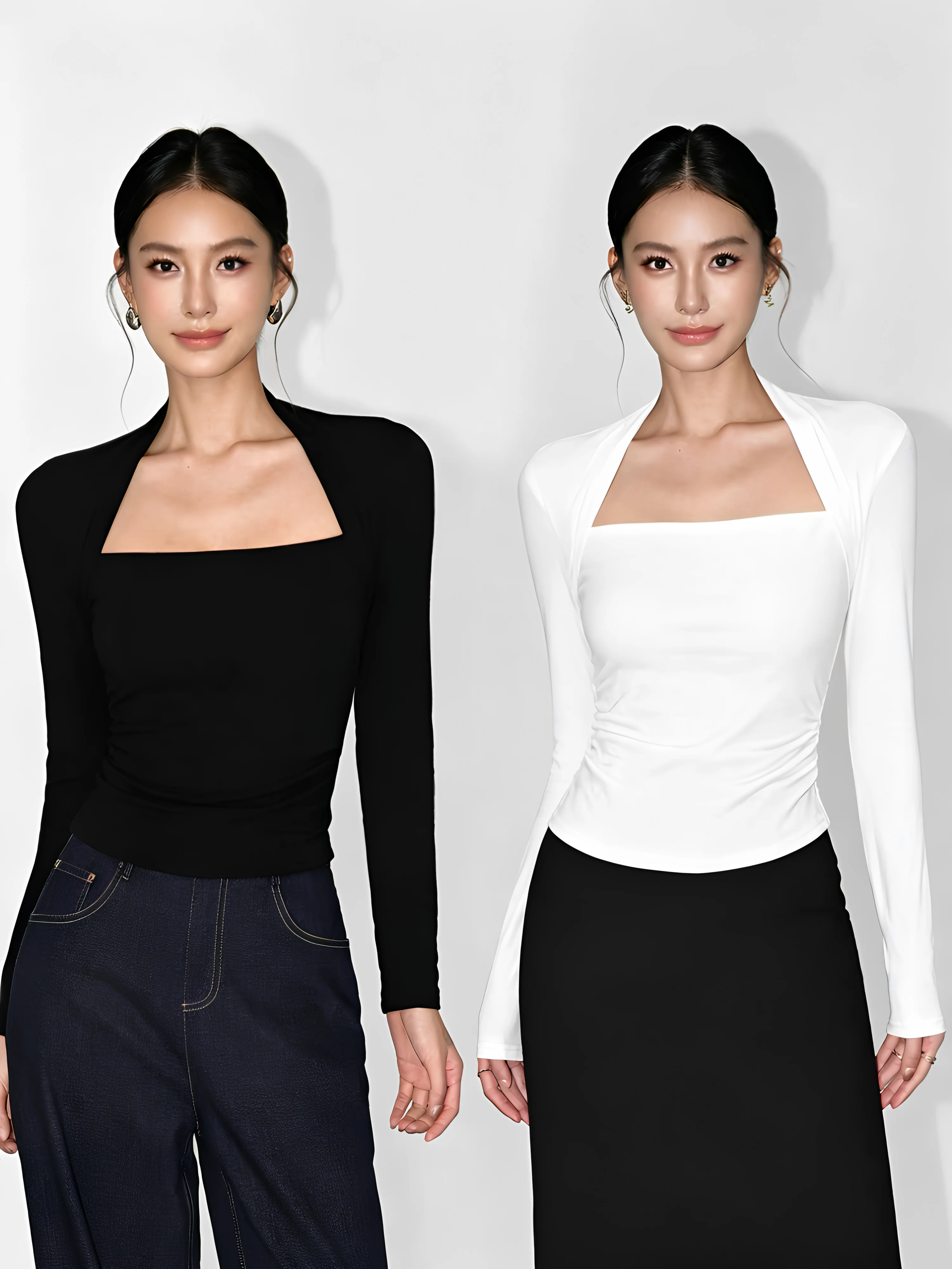 Spring Autumn 2026 Women's Slim Fit Long Sleeve T-Shirt Square Collar Base Shirt Sexy Shoulder Level Top Commute Style Korean...