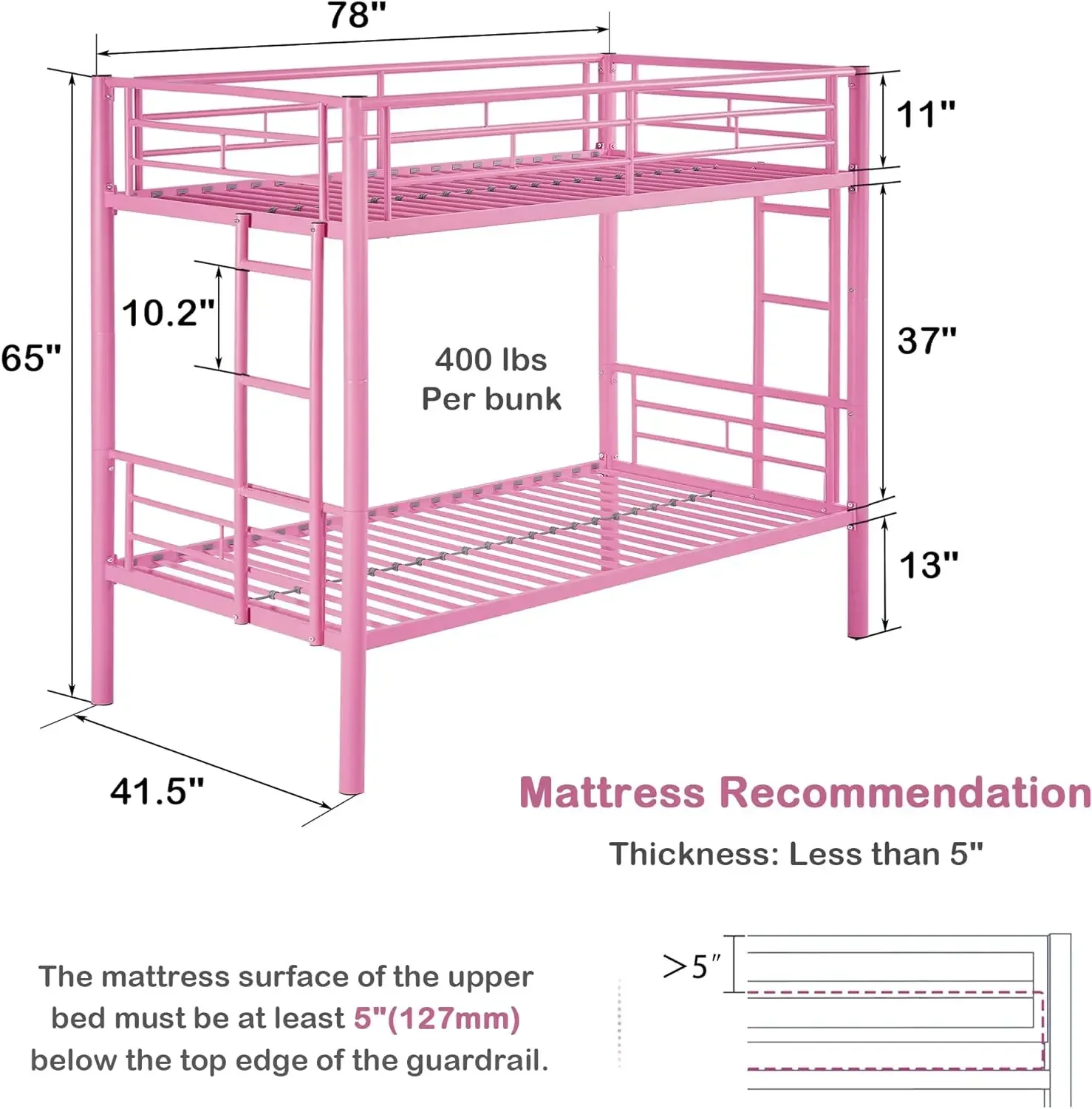 Metal Bunk Bed Twin Over Twin, Industrial Bunkbeds with Ladder and Full-Length Guardrail, Noise Free, No Boxing Spring Needed