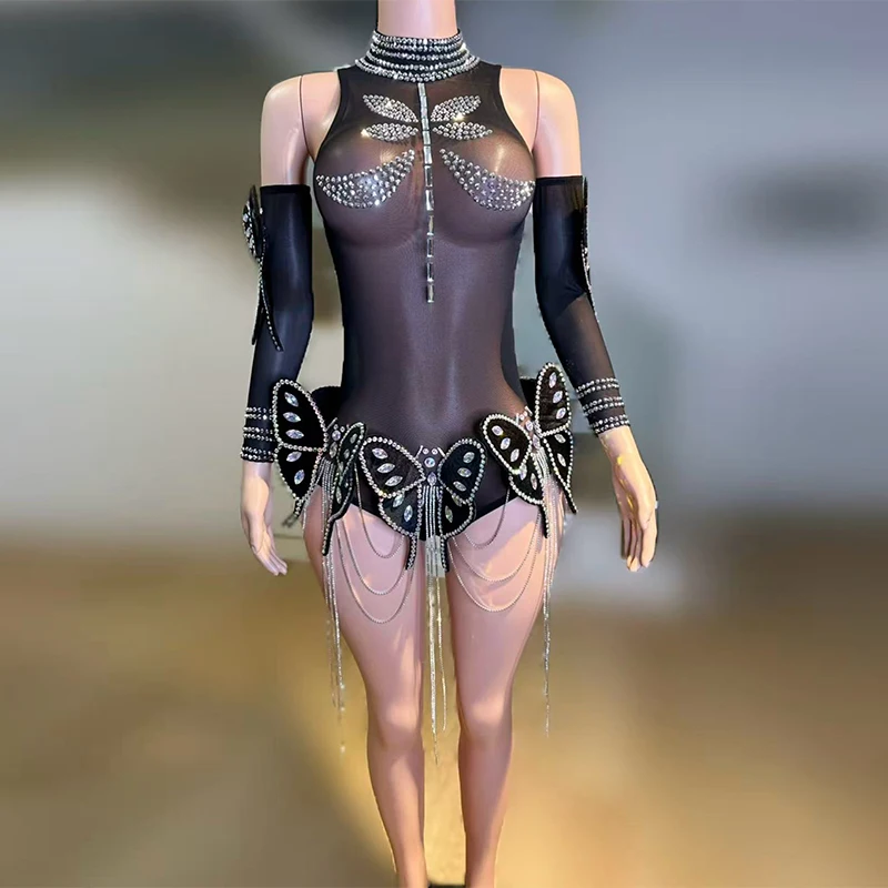 Women Stage Costume Sexy Black Sleeveless Bodysuit With Butterfly Gogo Showgirl Performance Outfit Nightclub Party Costume 3735