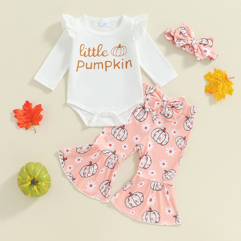 

2024-05-27 Lioraitiin Baby Girl Halloween Outfits Letter Print Long Sleeve Romper Flower Pumpkin Print Flare Pants Headband Set