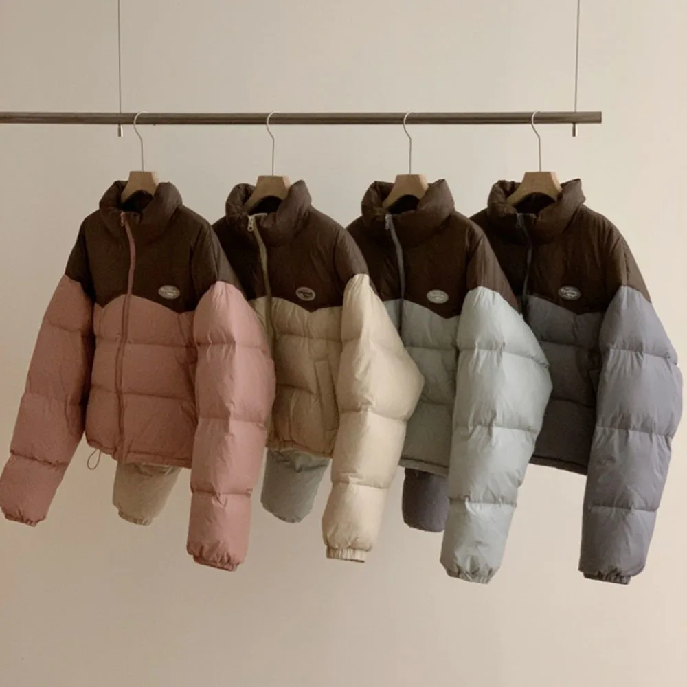 Inverno retalhos jaquetas de algodão roupas femininas gola casaco quente à prova de vento puffer design chique parka outerwears