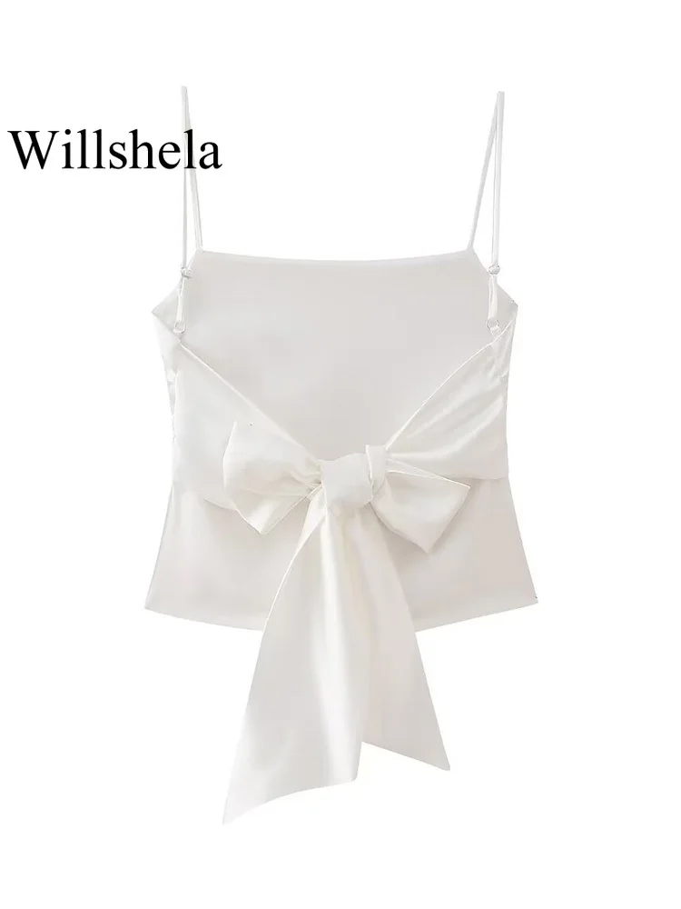 Willshela Women Fashion Solid Backless Bow Lace Up Camisole Vintage Thin Straps Square Collar Female Chic Lady Tops