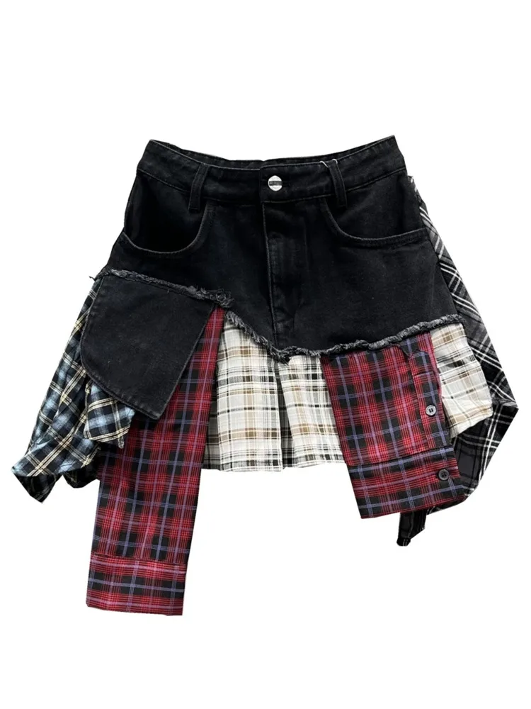 DEAT Fashion Women\'s Denim Skirt High Waist Plaid Patchwork Contrast Color Irregular Mini Skirts Summer 2024 New Tide 16U9004