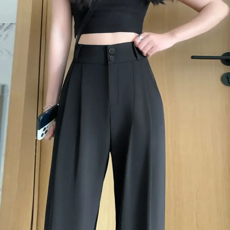 Pantalones de Traje de Pierna Recta de Cintura Alta Negros para Mujer, Nuevo Estilo de Verano, Pantalones Elegantes de Pierna Ancha con Caída para Damas de Baja Estatura