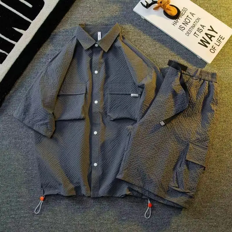 Plain Man Sets Black Shirts Shorts Suits for Men Cool Outdoor 2025 Trend Luxury Essential Basic Kpop Baggy Two-piece Set Korean