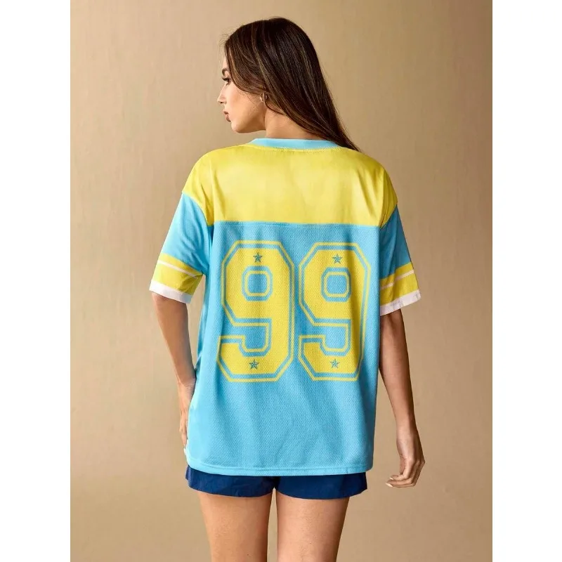 Blue and Yellow Color Blocked V-neck Jersey Glasses SpongeBob SquarePants 99 Digital Printed Breathable Top