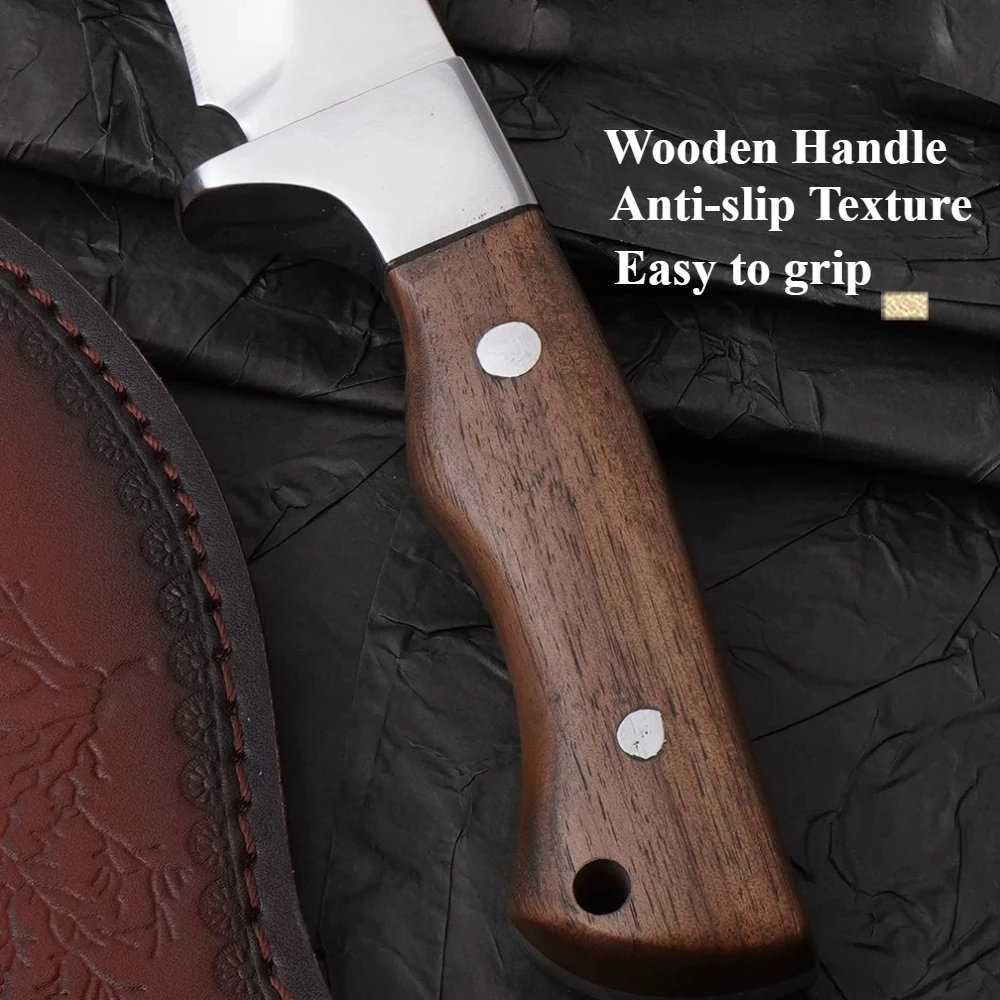 2026 model kitchen knife with fixed blade and leather sheath, high-strength stainless steel butcher knife with wooden handle view 4