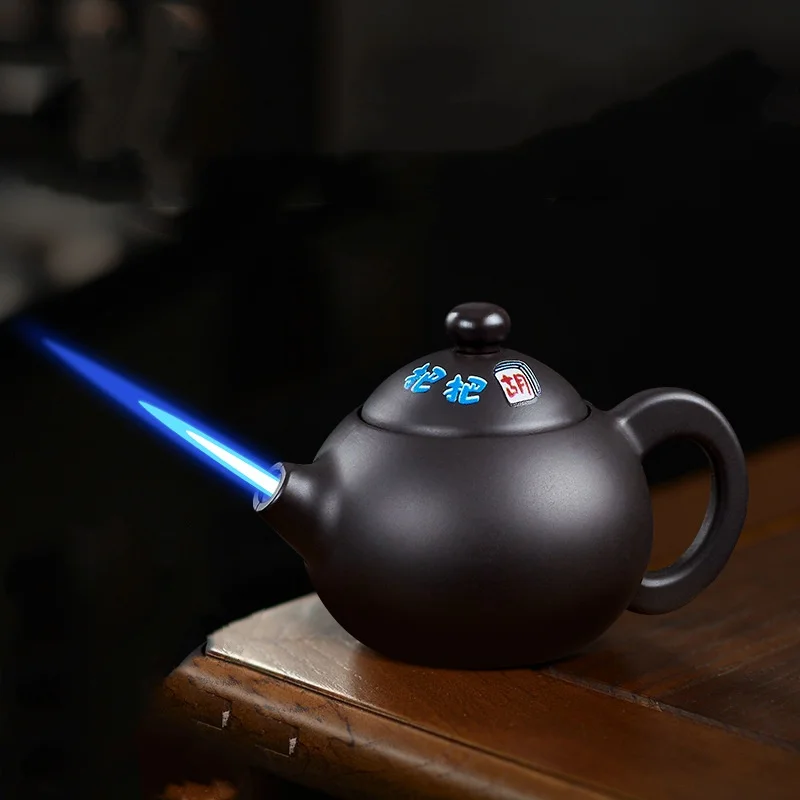 Hot Novelty Appearance of Teapot Gas Lighter Windproof Straight Rush Blue Flame Cigar Turbo Torch Small Portable Ornament