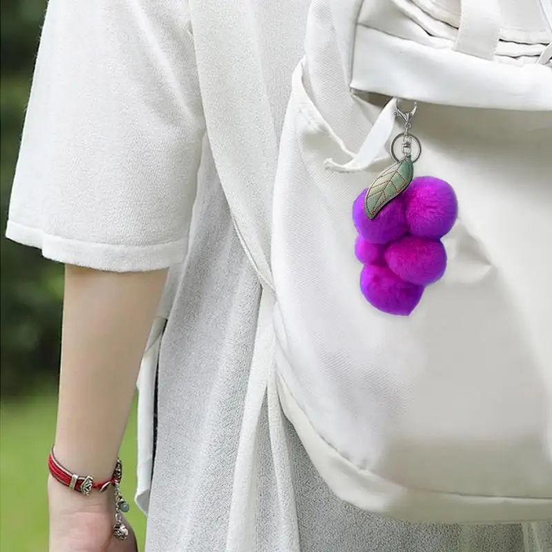 Grape Car Keychain Cute Grape Purse Keychain Girl Purse Charm Decor Bag Accessories Fashionable Pom Pom Keychain For Women