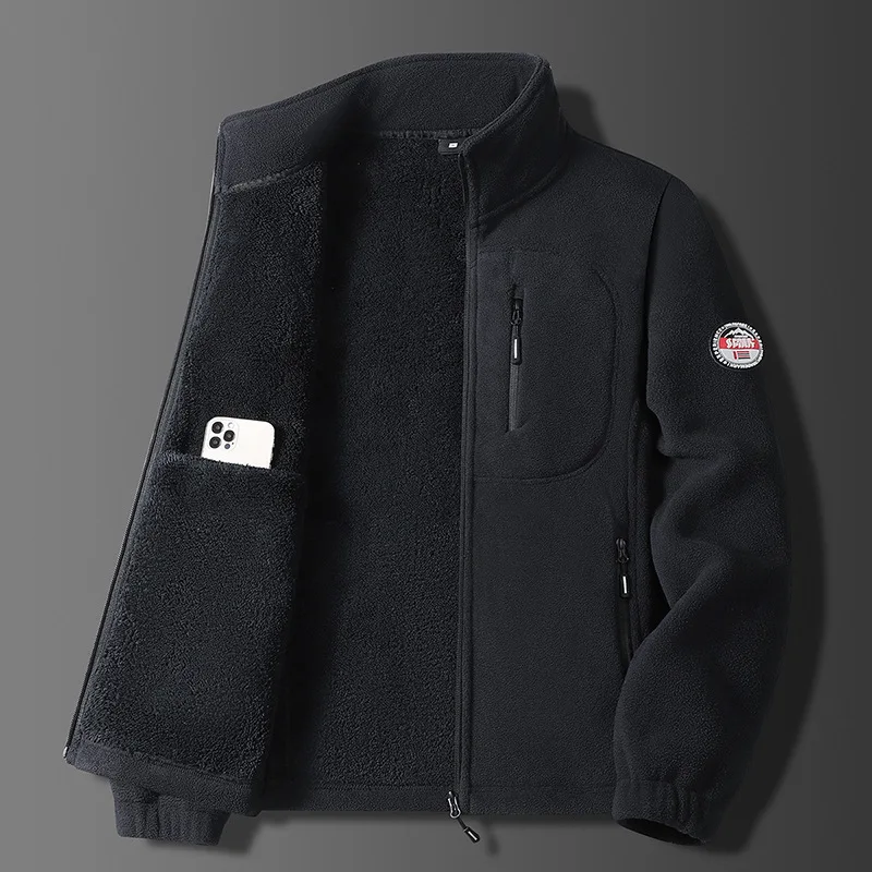 Men's Polar Fleece Jacket Thickened Fleece Cardigan Middle-Aged Stand-Up Collar Warm Autumn Winter Outerwear