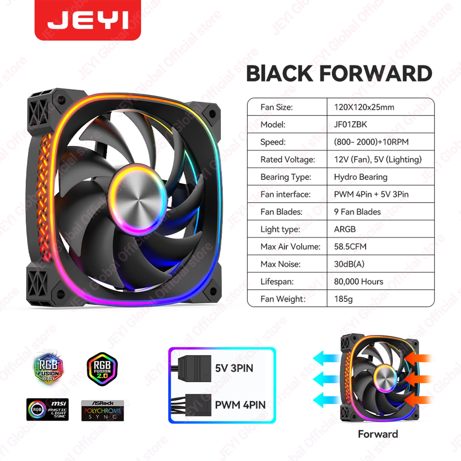 JEYI 120MM PC-ventilator ARGB koelventilator PWM ventilatoren 30dB(A) geluidsarme Divine Light synchrone 5V3Pin kastkoeler ventilator voor gaming PC-kast