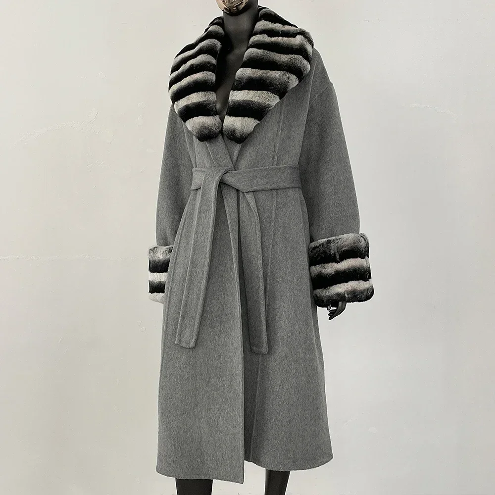 

Real Fur Collar Real Rex Rabbit Fur Wool Coat Women Elegant Cuffs Female Wool Blend Woolen Coat Spring Autumn Long Wool Jacket