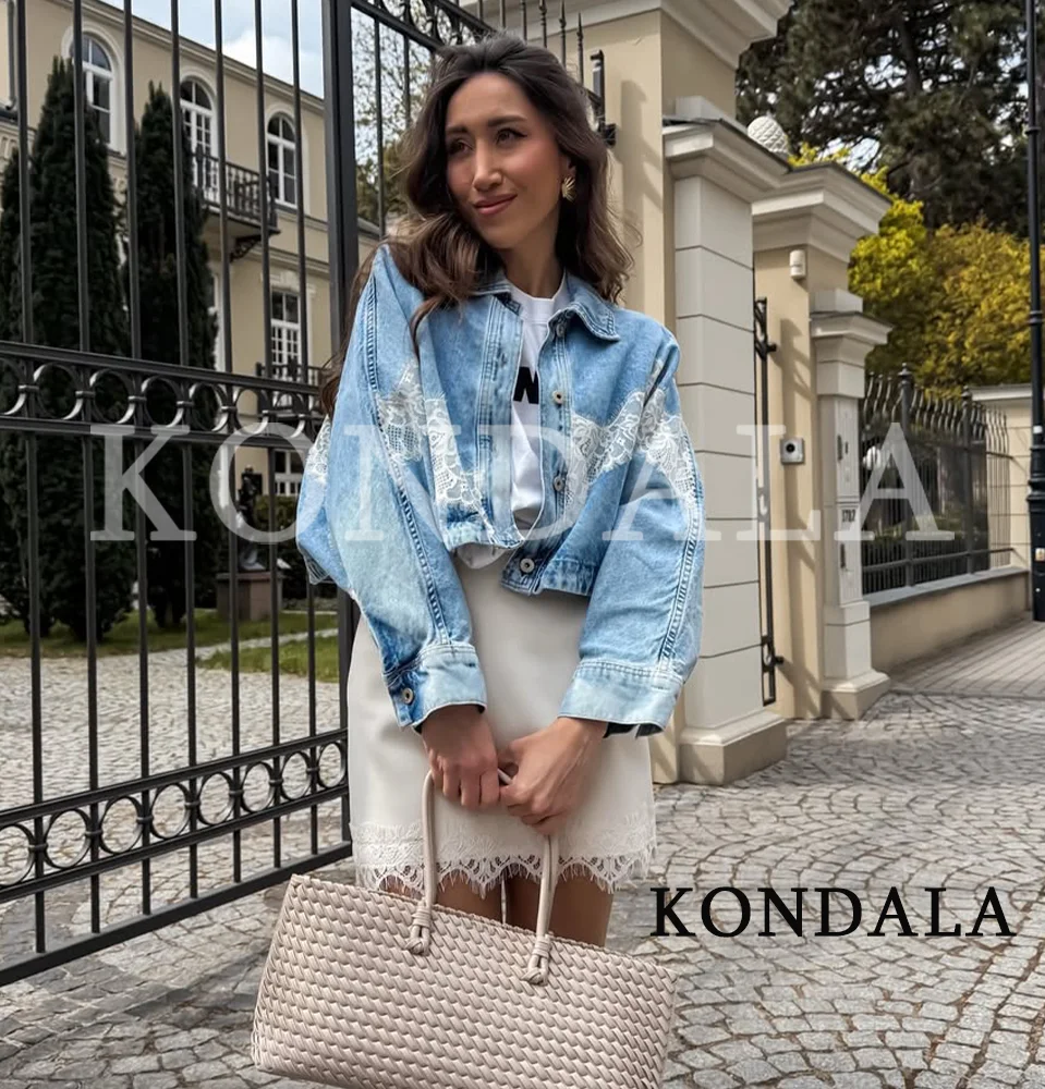 Chaqueta Vaquera con Encaje KONDALA, Estilo Urbano y Elegante para Mujer, Chaqueta Bomber Moderna, Nueva Colección Primavera 2026, Chaqueta con Botones para Dama
