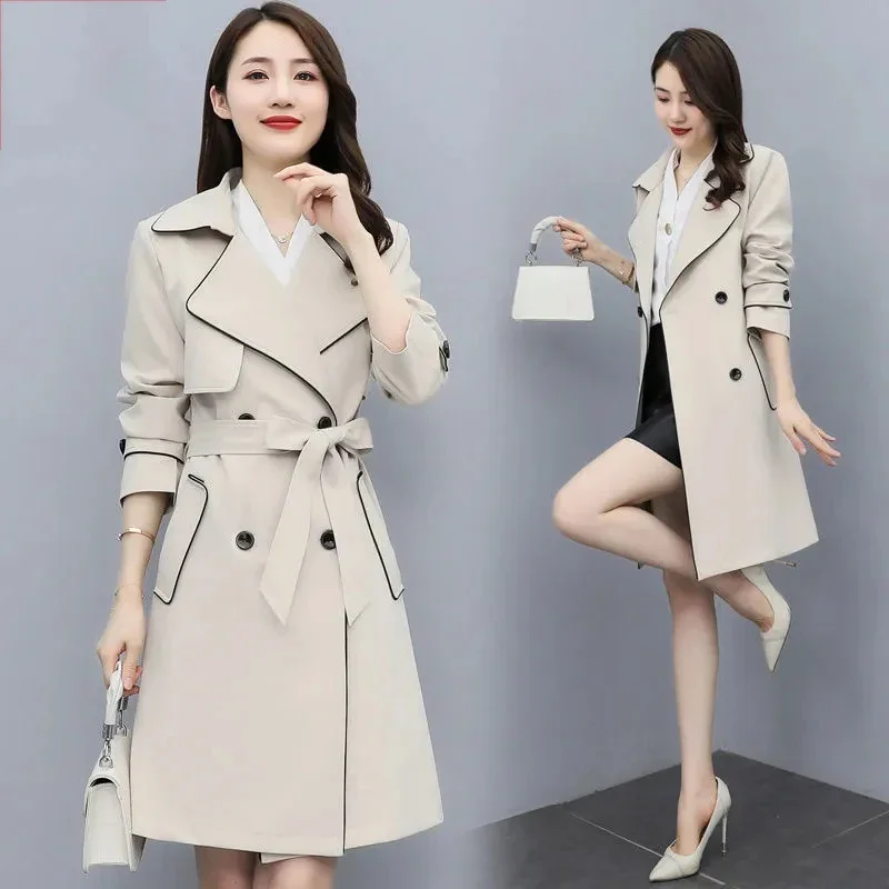 Hoge kwaliteit middenlengte trenchcoats kantoor riem windjack vrouwen dubbele rij knopen werk overjas lente vetement femme a922