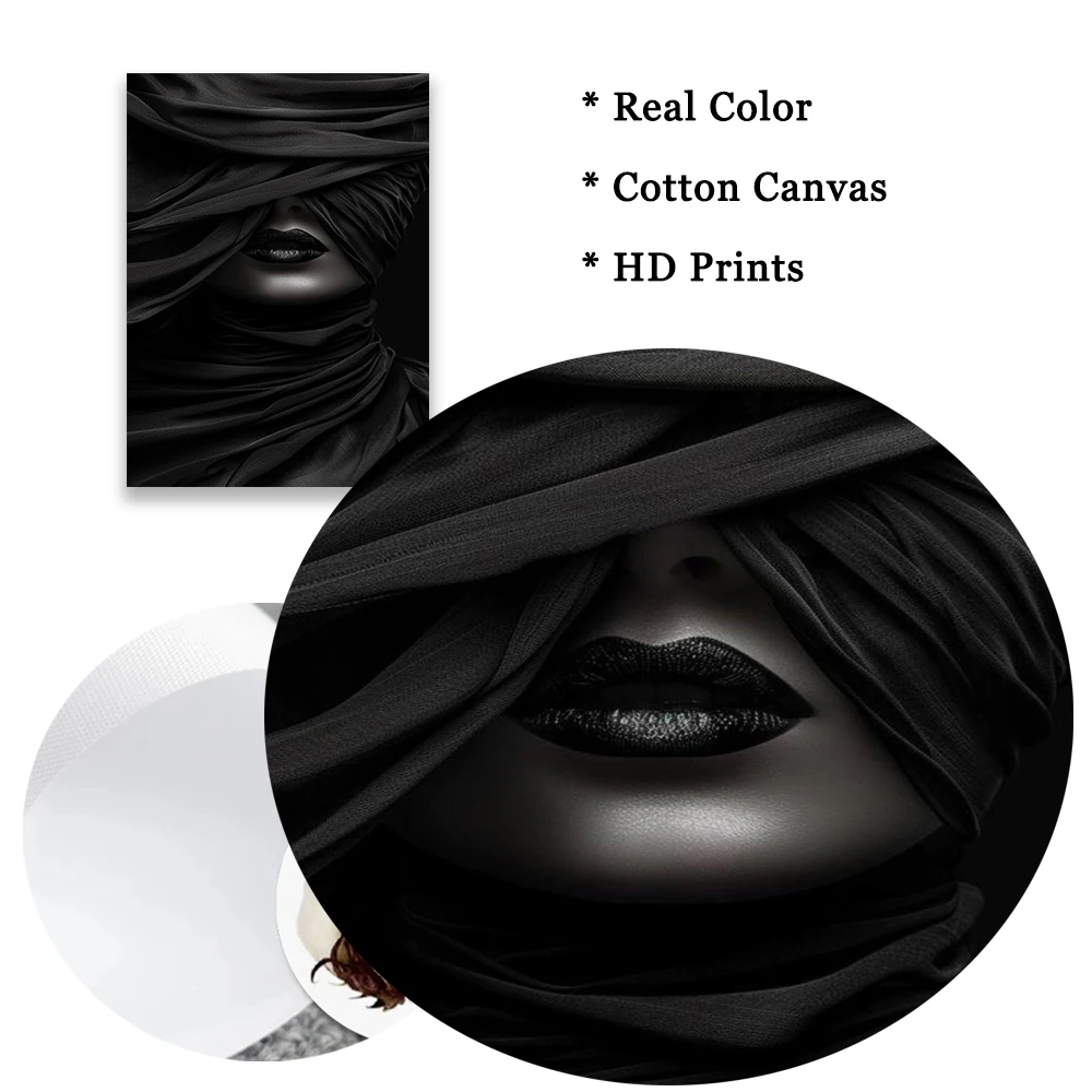 غامض الحجاب الأسود صورة قماش اللوحة مجردة امرأة الوجه الفن يطبع الظلام بريق جدار ديكور مودي أحادية اللون ملصق