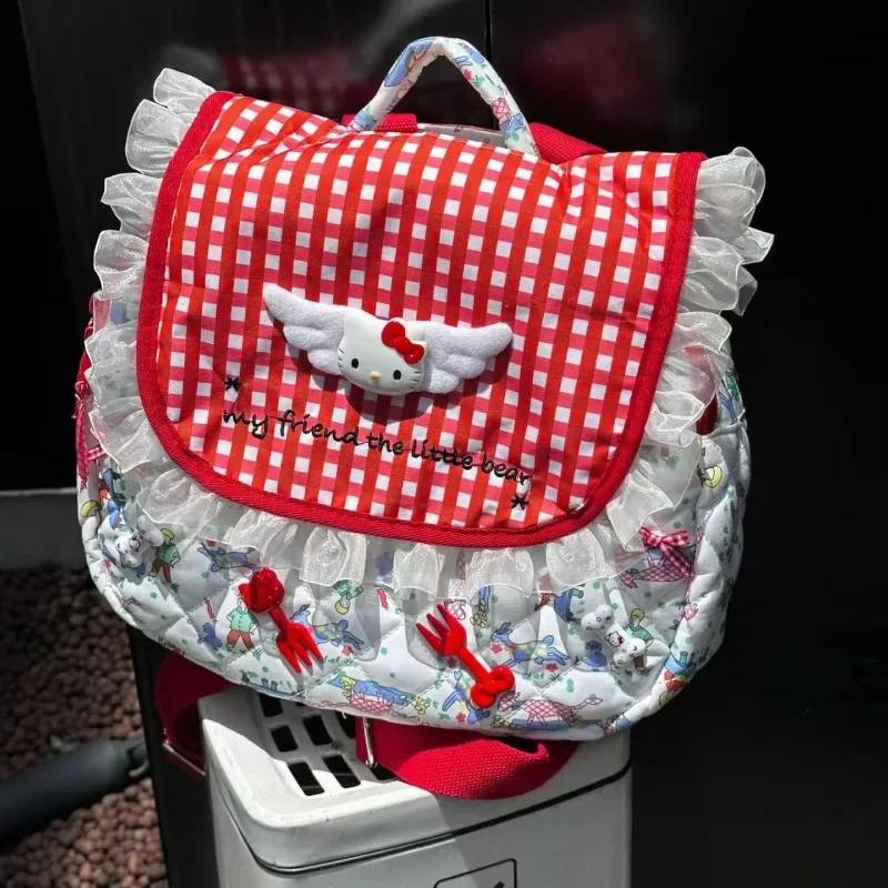 New Cute Hello Kitty Backpack Cartoon Kitty Cat Red Plaid Large Capacity Backpack Lace Decoration Summer Handbag Y2k Girl Gift