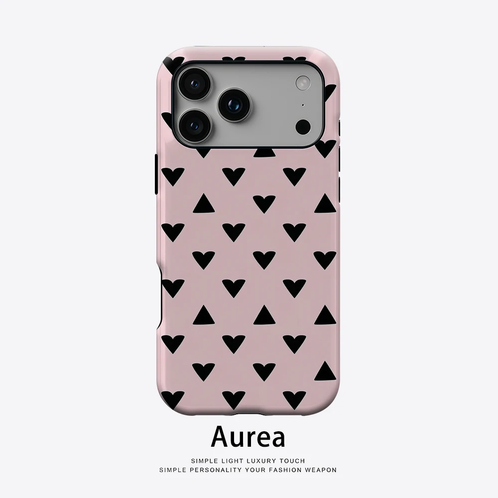 Aurea Case Matte Bumper für MagSafe Hülle für iPhone 18 17 16 15 14 Plus 13 Pro Max Stoßfeste Harte PC-Hülle Rosa Schwarz Herz Dreieck