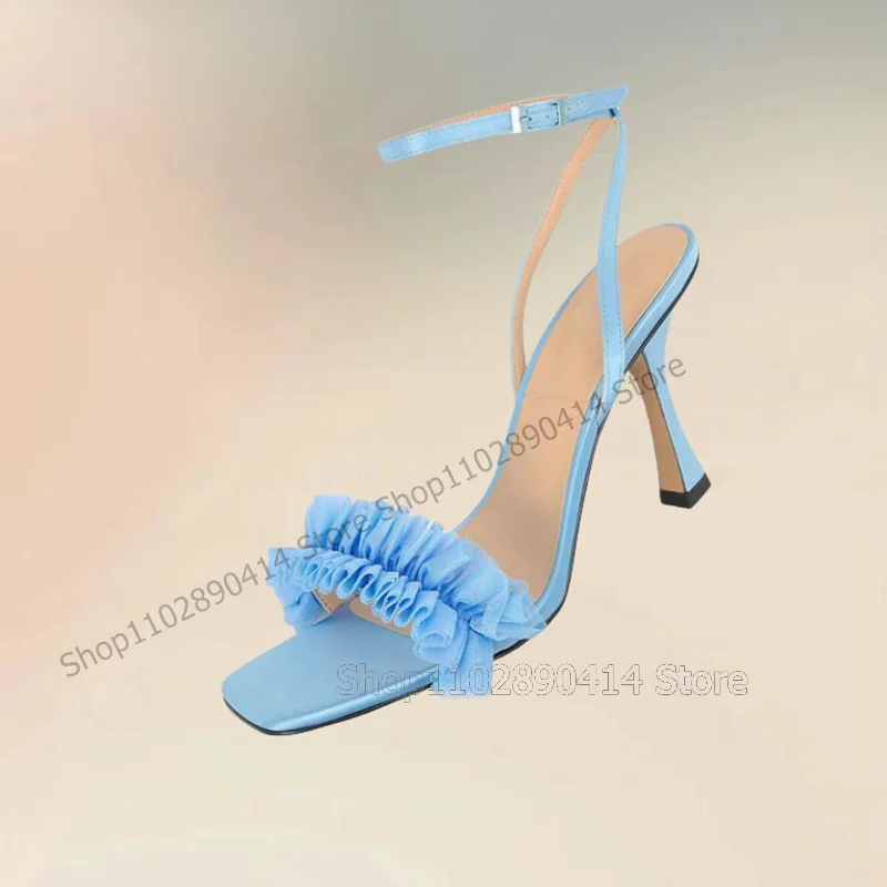 Sky Blue Ruffles Design Cut Heel Open Toe Sandals Ankle Buckle Strap Women Shoes Thin High Heels Novel 2024 Zapatos Para Mujere