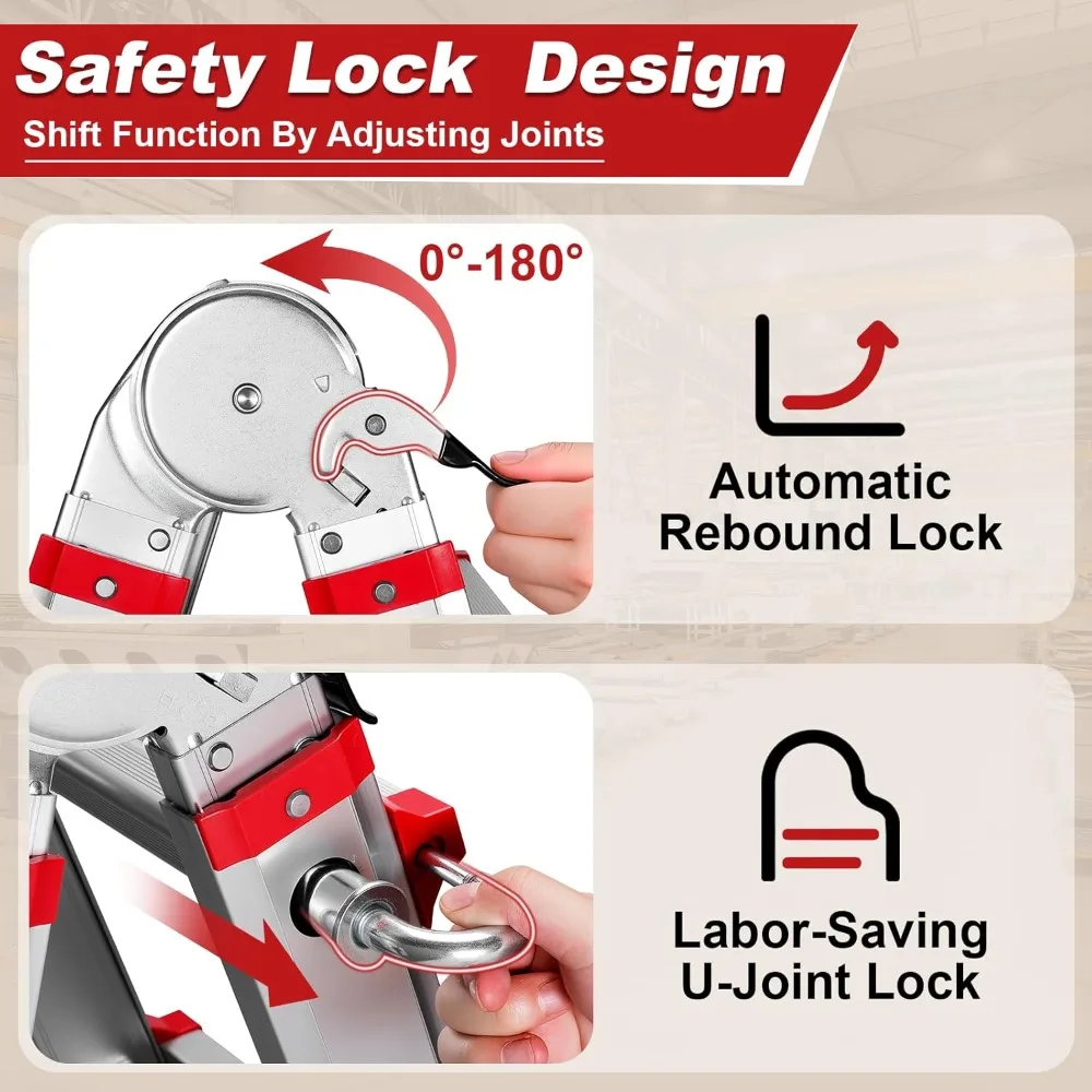 14フィート折りたたみ式伸縮はしご（ホイールとスタビライザーバー付き）- 耐荷重330ポンド、多段階伸縮式A型はしご