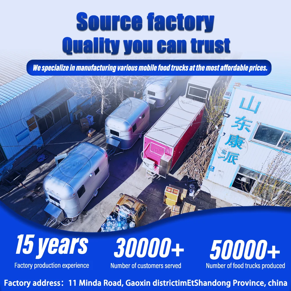 รถพ่วงขายอาหารเคลื่อนที่แบบกำหนดเองสำหรับขายพิซซ่า ไอศกรีม และอาหารอื่นๆ พร้อมอุปกรณ์ครบครัน