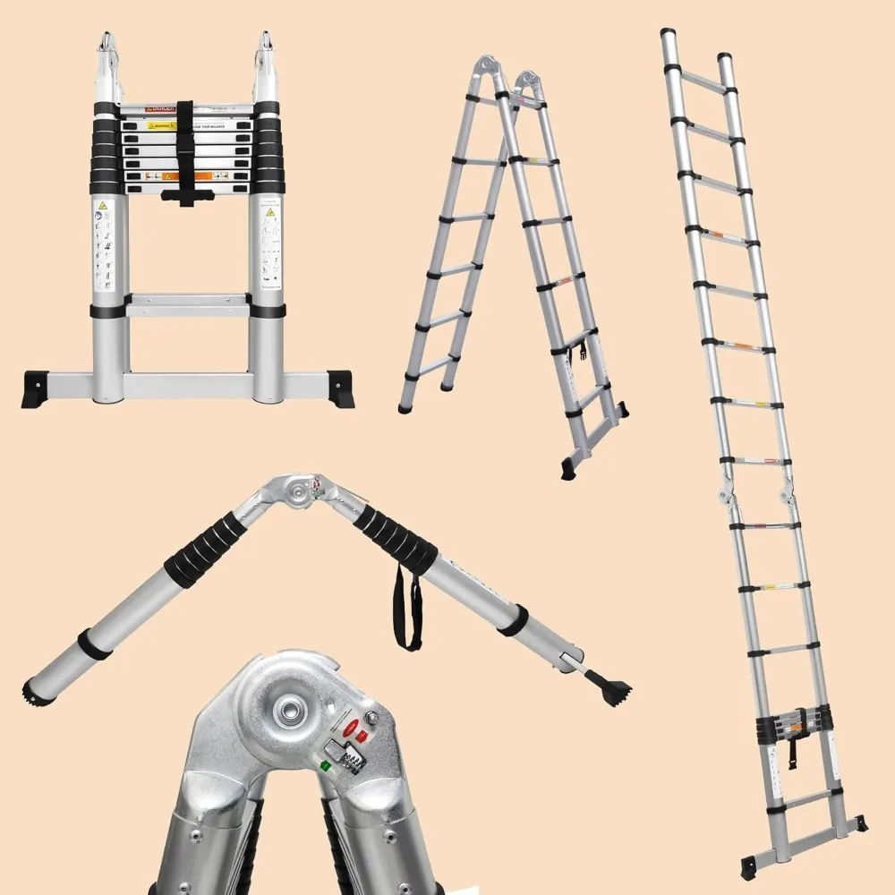 Aluminium telescopische verlengladder 16,4 voet, 2-in-1 A-frame en rechte ladder, verstelbaar 8+8 treden, draagbaar opvouwbaar ontwerp