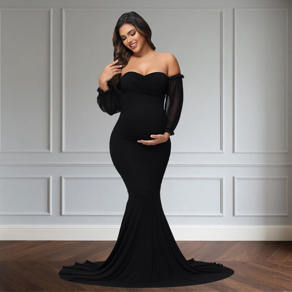 

Maternity Dress Off-Shoulder Mesh Puff Sleeve Slim Pregnancy Women's Photography Maxi Gowns For Baby Shower Photoshoot