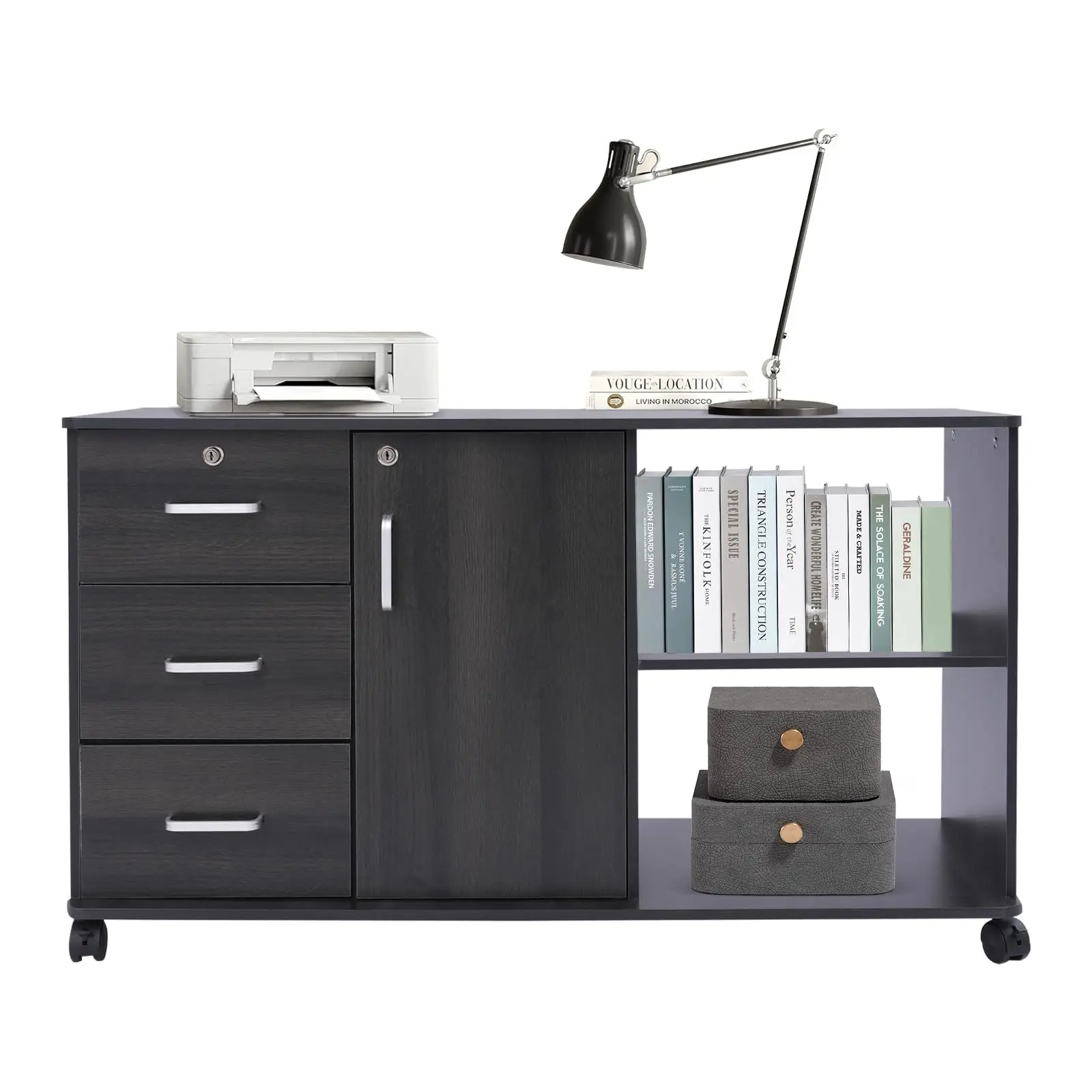 

3 Drawer File Cabinet with Lock, Mobile Lateral Filing Cabinet with Wheels, Rolling Printer Stand with Open Storage Shelves, Loc