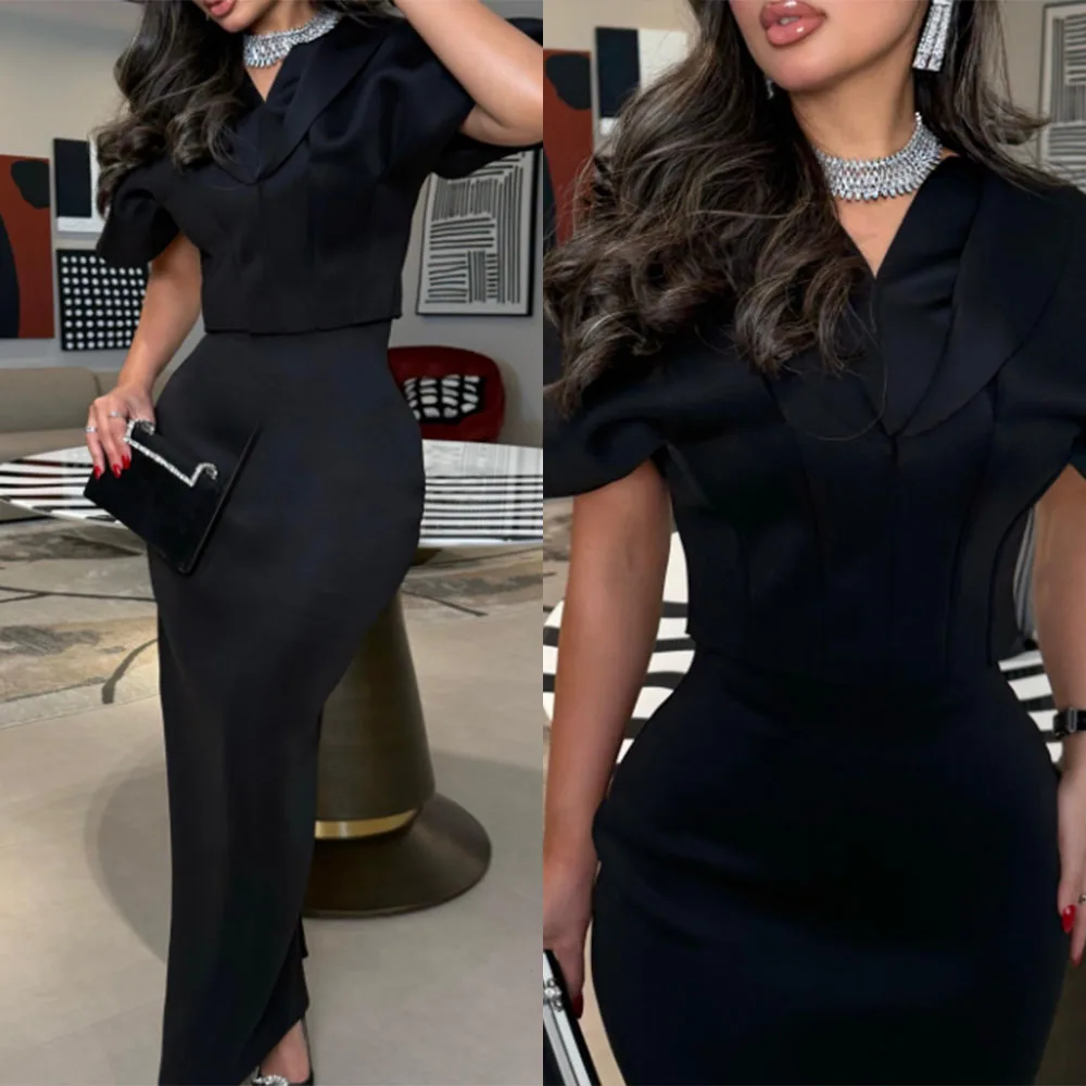 

High Quality Customized Ankle Length V-neck Short Sleeves Elegant Dress Women for Wedding Party Vestidos De Fiesta فساتين حفلات