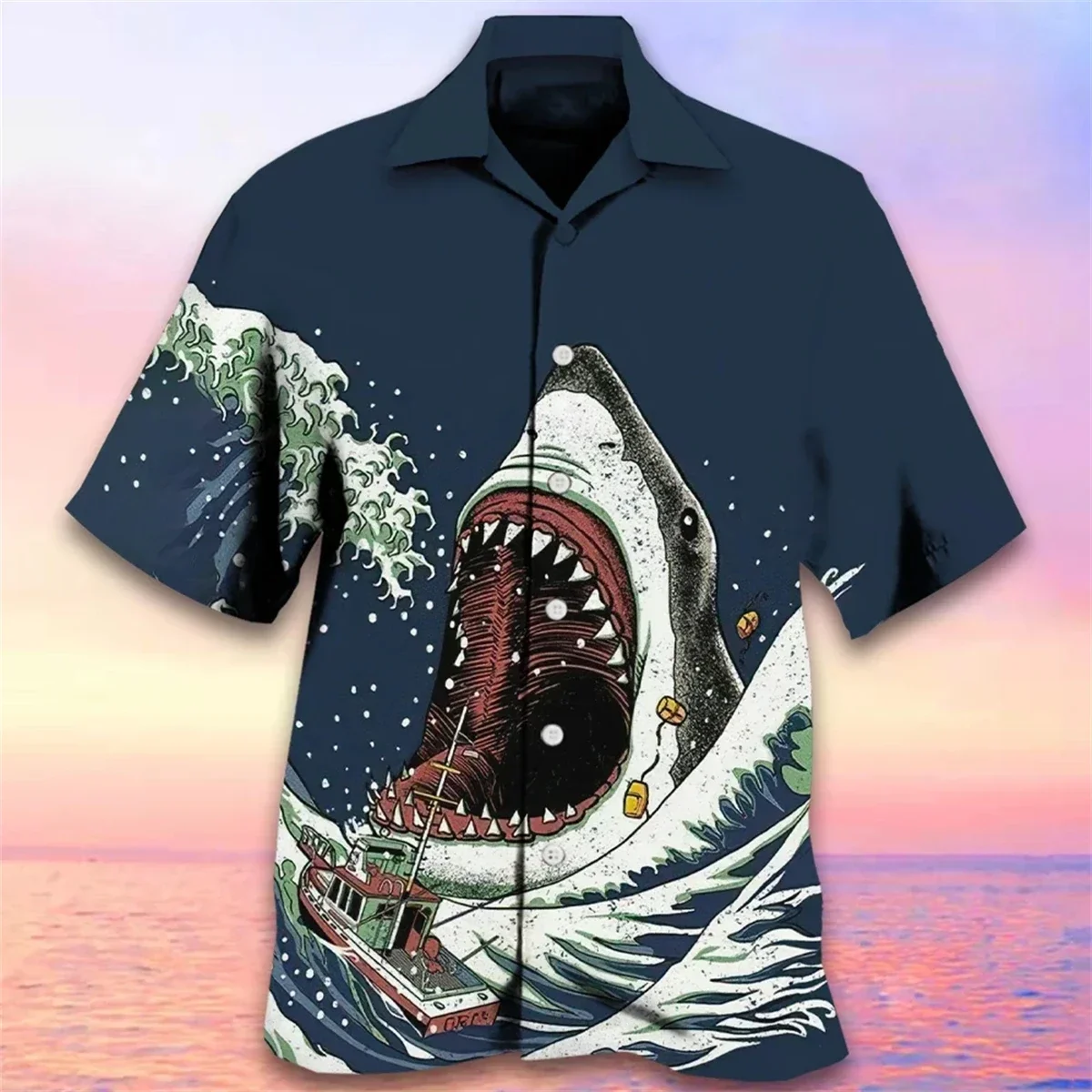 

Shark Print Men's Shirt New Hawaii Beach Casual Men's Lapel Top Large Size Loose Men's Short Sleeve Shirt 2024