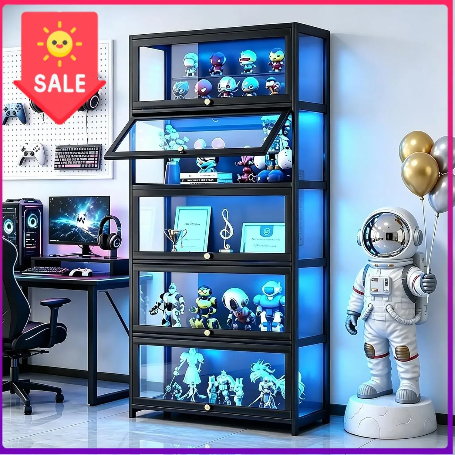 Display Cabinet with Acrylic Doors, 5-Tier Curio Cabinet with Flip-up cabinet doors for Collectibles Toy Organizers Rack & Displ