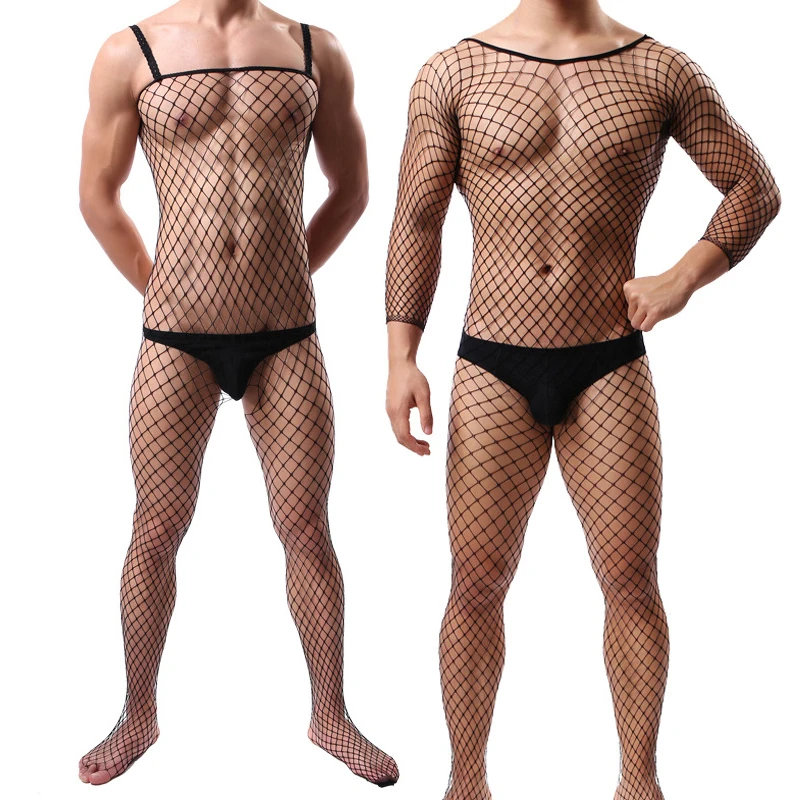 Men\'S Sexy Fishnet Pantyhose See Through Tights Nightwear Male Bodysuits Erotic Stockings For Man Fun Lingerie Date Clothes