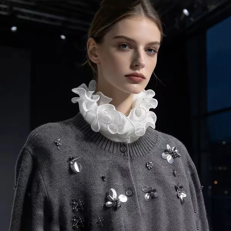 Fashion Double-Layered Stand Collar Pleated Ruffled High Neck Detachable False Collar Half Shirt Sweater Accessories